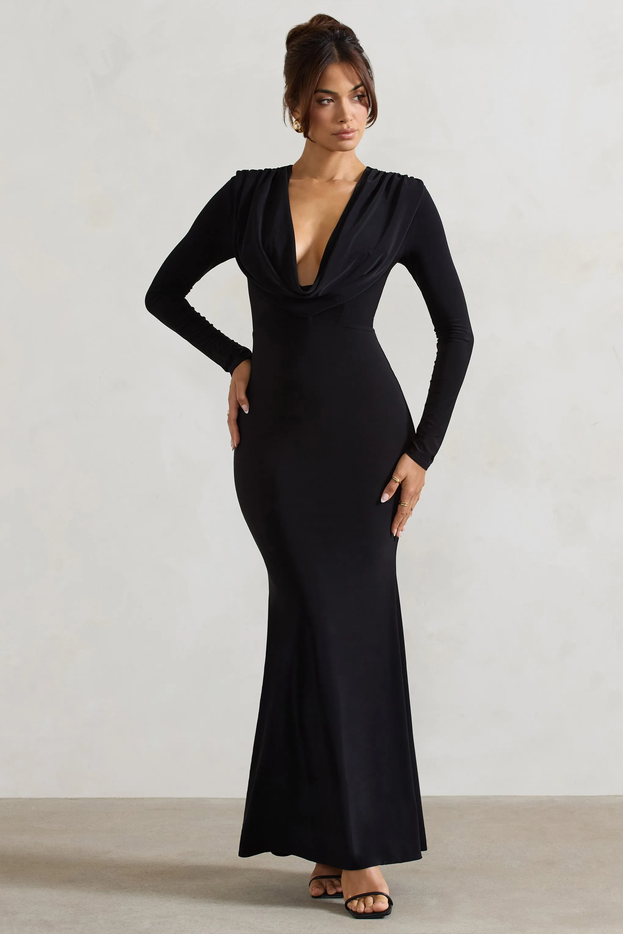Heavy Heart | Black Cowl-Neck Long-Sleeve Maxi Dress sold by Club L London product image thumbnail 4