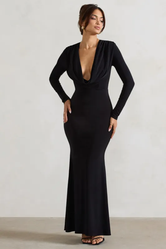 Heavy Heart | Black Cowl-Neck Long-Sleeve Maxi Dress sold by Club L London