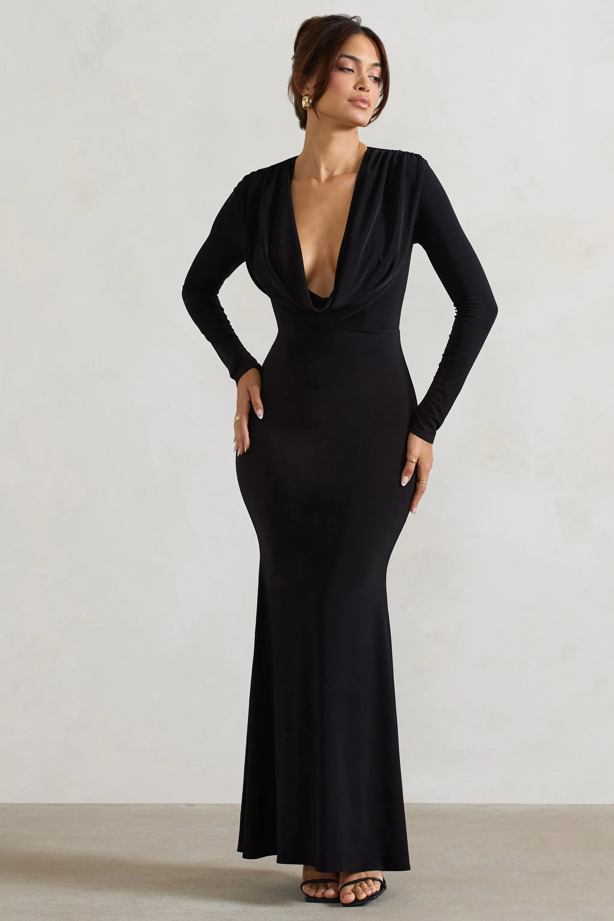Heavy Heart | Black Cowl-Neck Long-Sleeve Maxi Dress sold by Club L London
