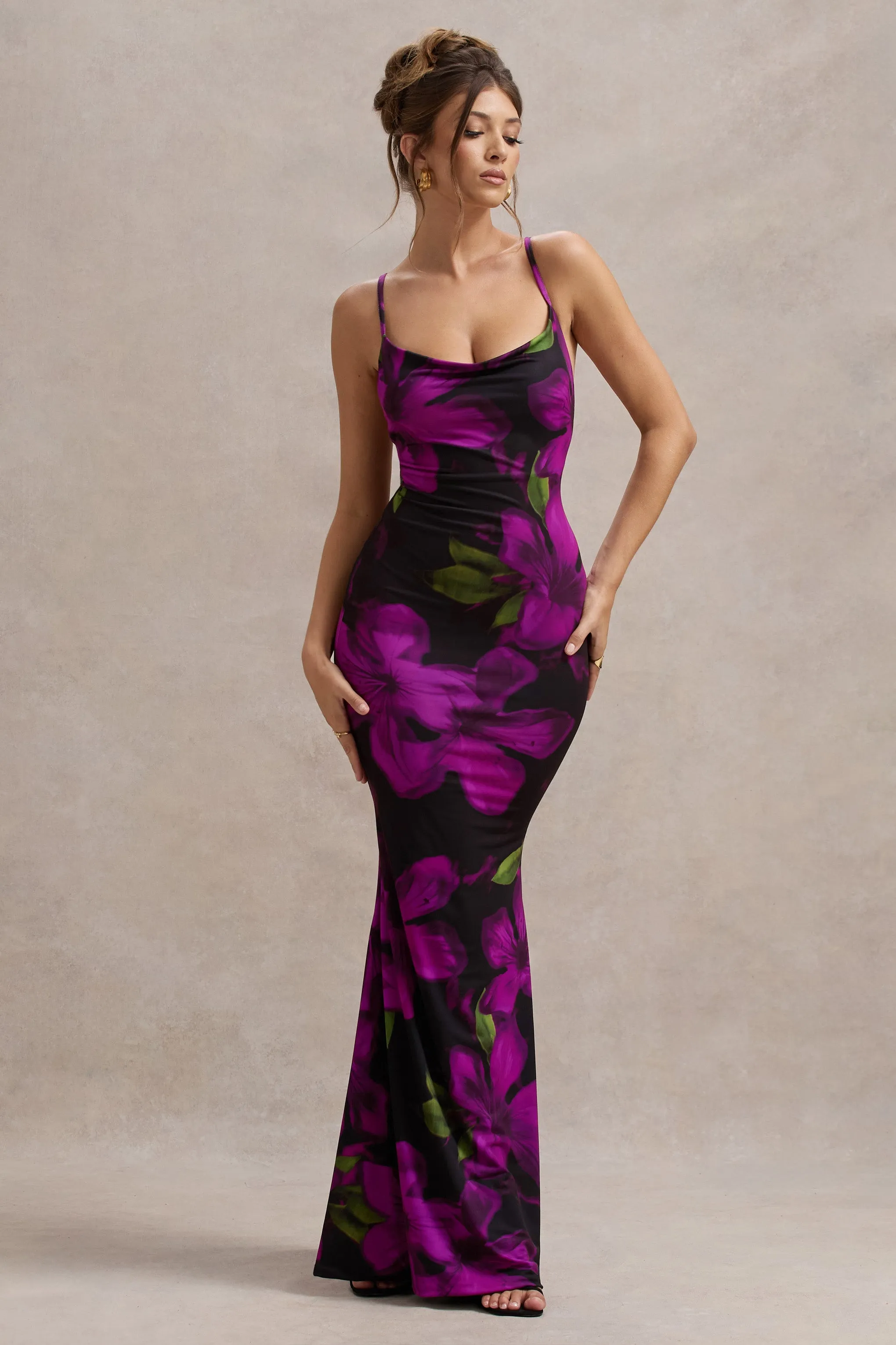 Lotus | Purple Floral Print Cowl-Neck Maxi Dress sold by Club L London