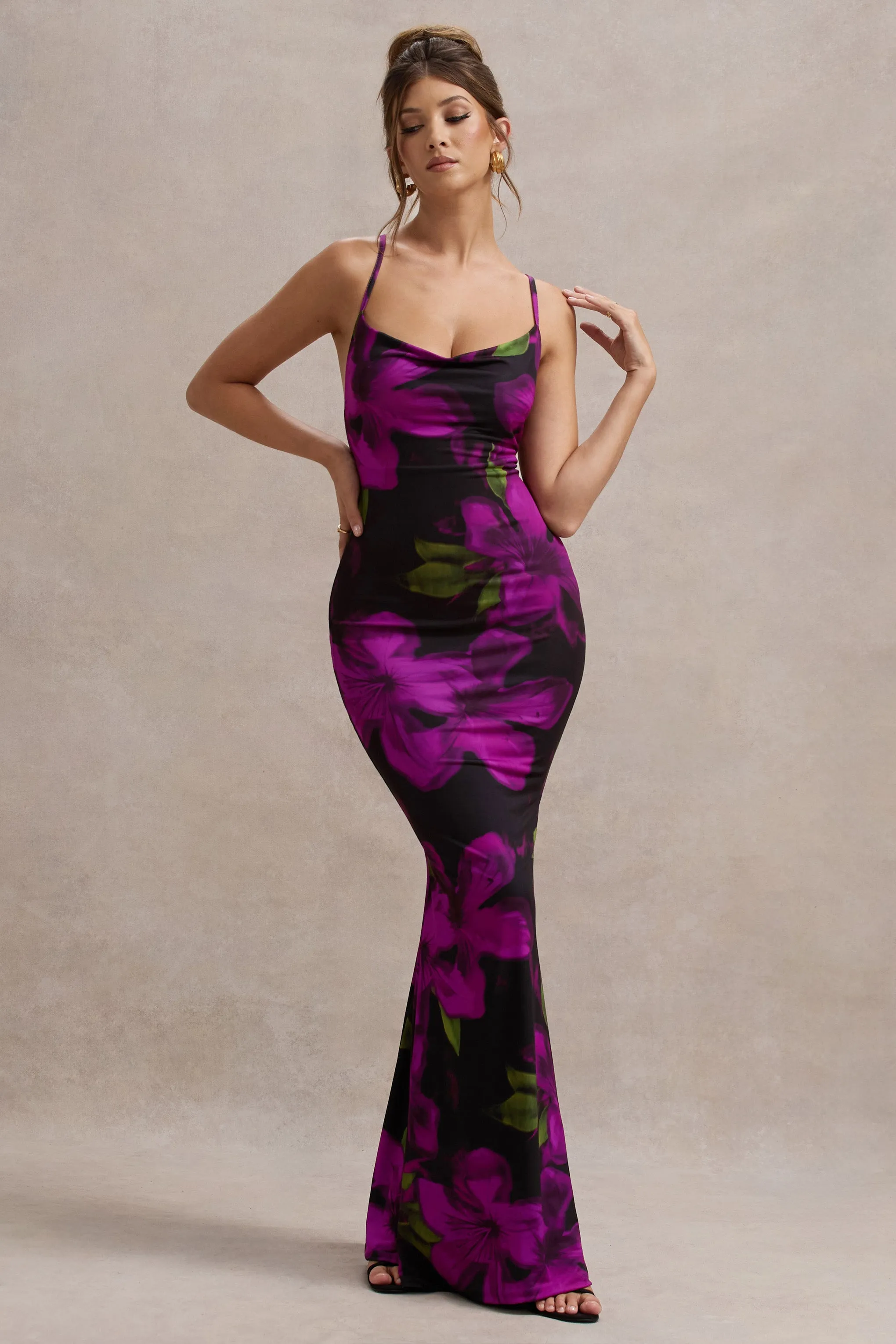 Lotus | Purple Floral Print Cowl-Neck Maxi Dress sold by Club L London product image thumbnail 4