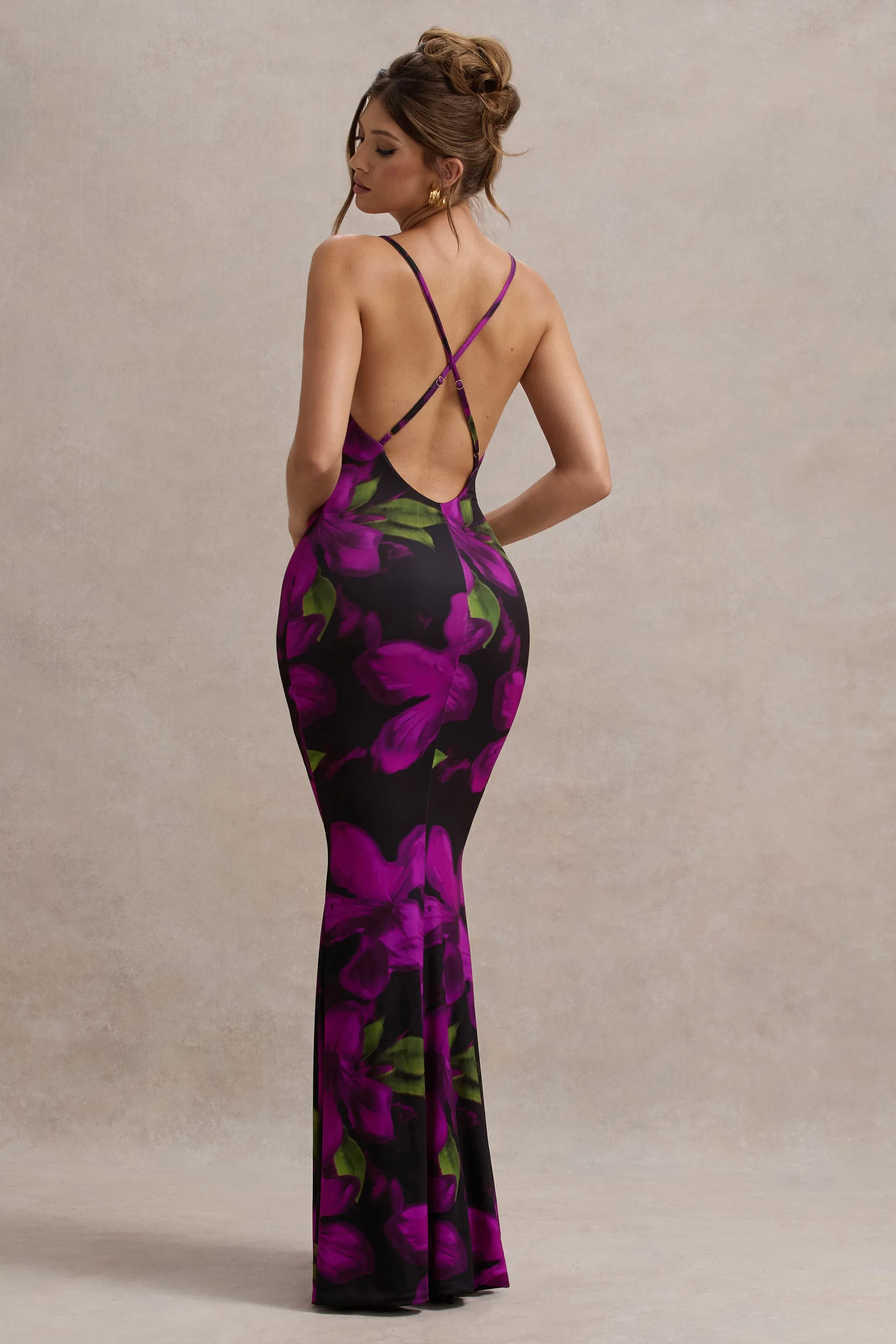 Lotus | Purple Floral Print Cowl-Neck Maxi Dress sold by Club L London product image thumbnail 2