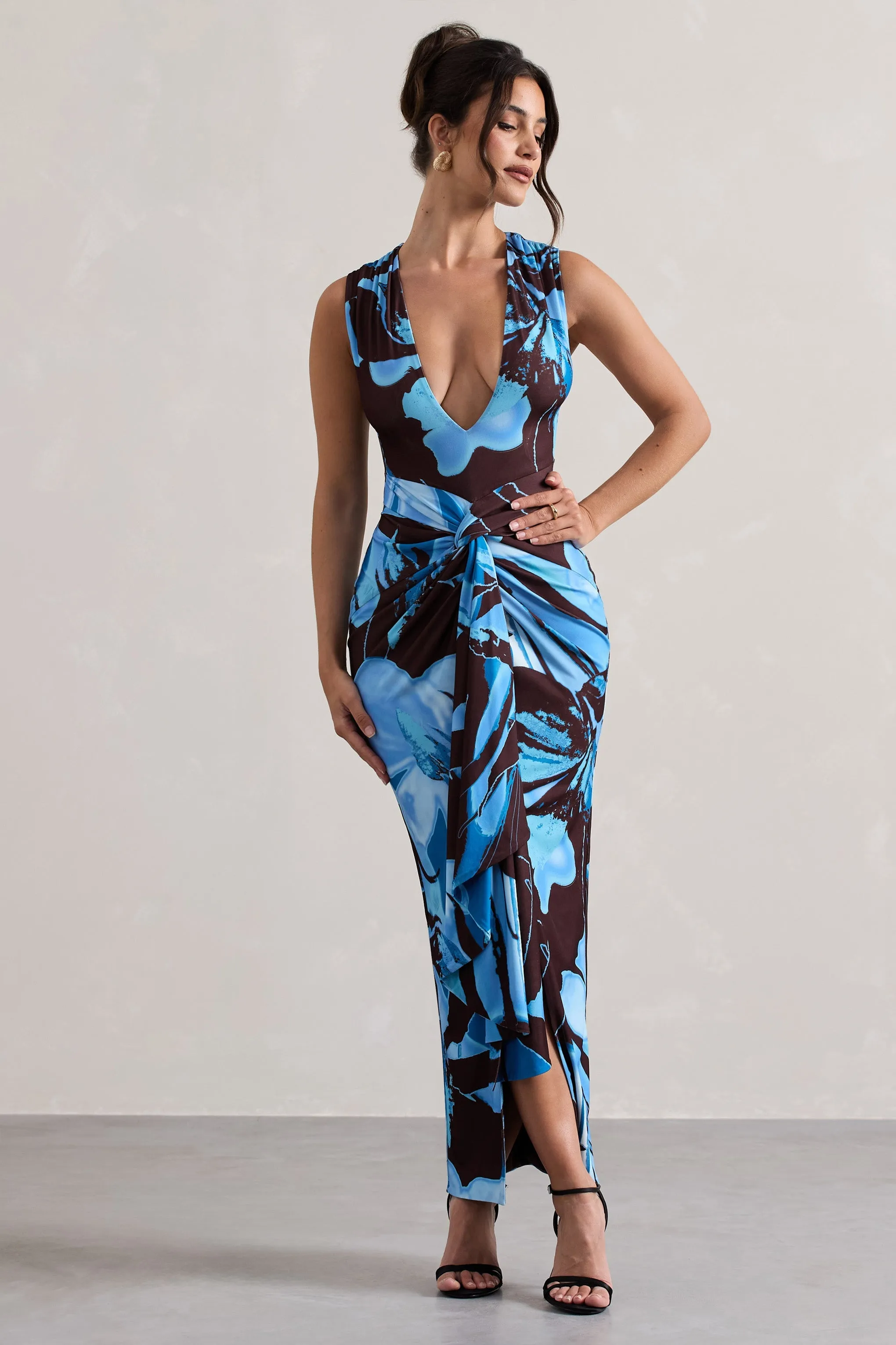 Santana | Floral Print Plunge-Neck Split Maxi Dress With Knot Detail sold by Club L London product image thumbnail 5