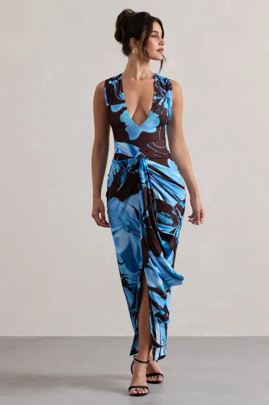 Santana | Floral Print Plunge-Neck Split Maxi Dress With Knot Detail sold by Club L London