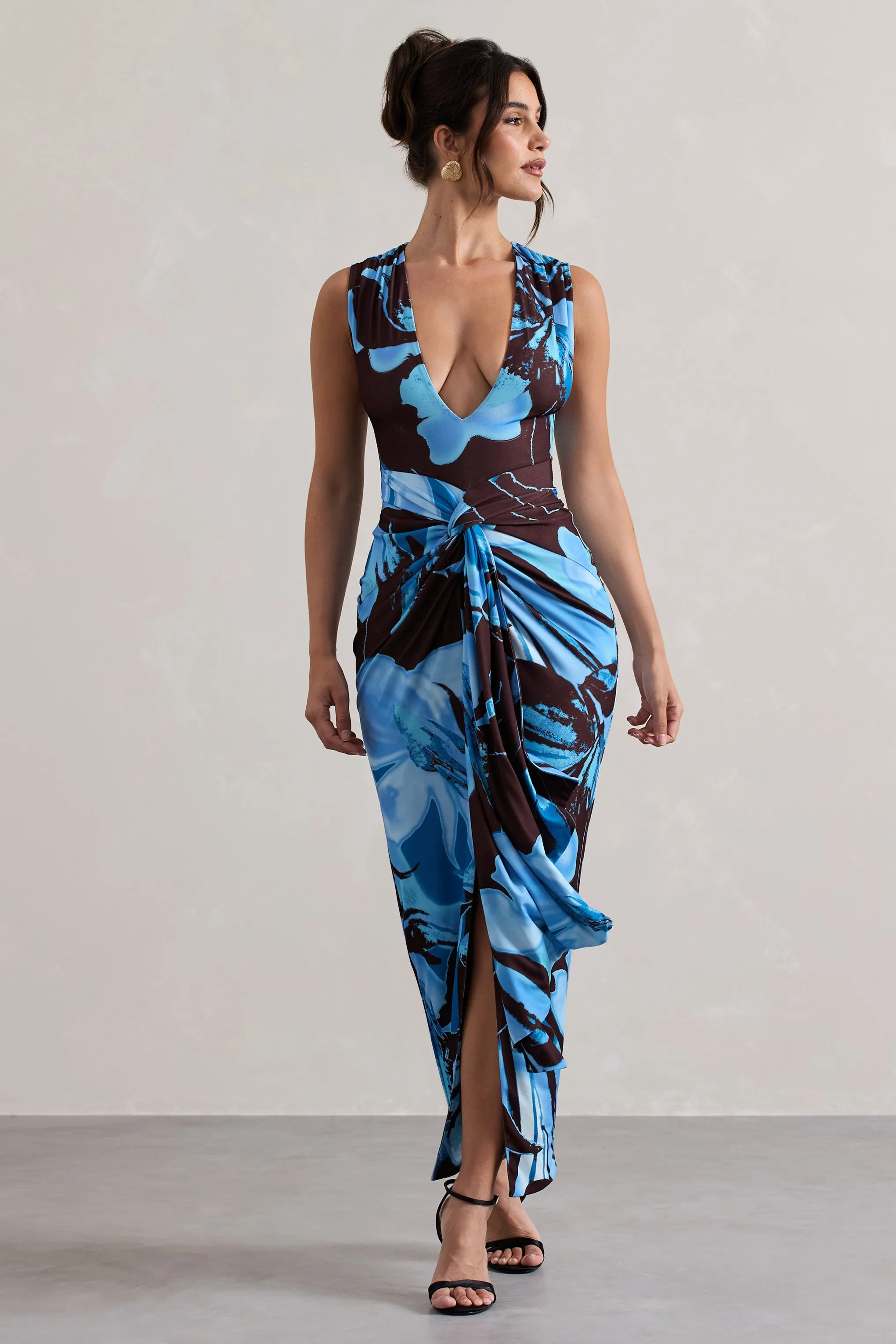 Santana | Floral Print Plunge-Neck Split Maxi Dress With Knot Detail sold by Club L London