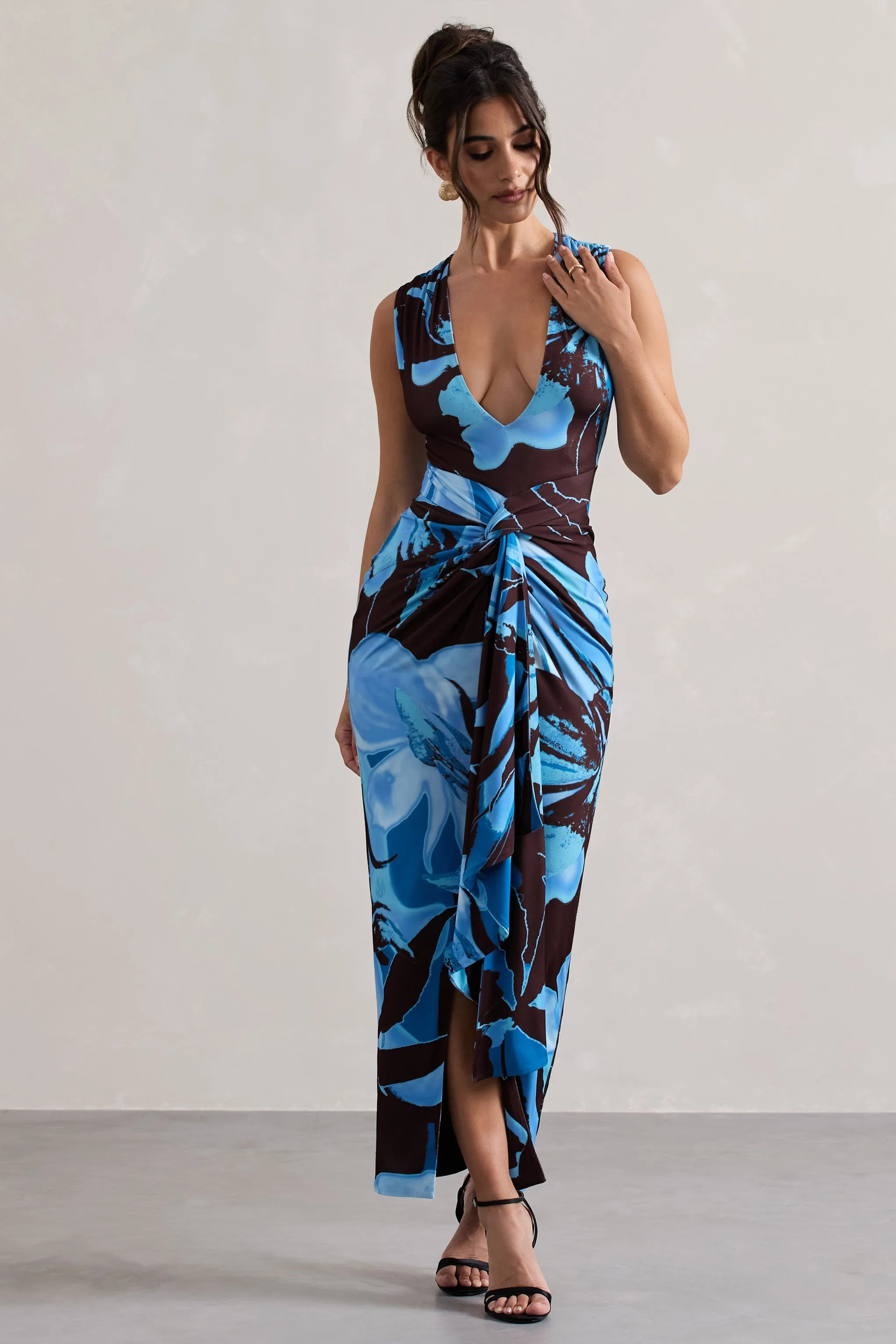 Santana | Floral Print Plunge-Neck Split Maxi Dress With Knot Detail sold by Club L London product image thumbnail 4