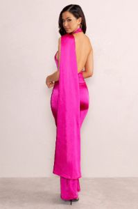Mademoiselle | Hot Pink Asymmetric Scarf Neck Backless Maxi Dress sold by Club L London