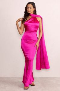 Mademoiselle | Hot Pink Asymmetric Scarf Neck Backless Maxi Dress sold by Club L London