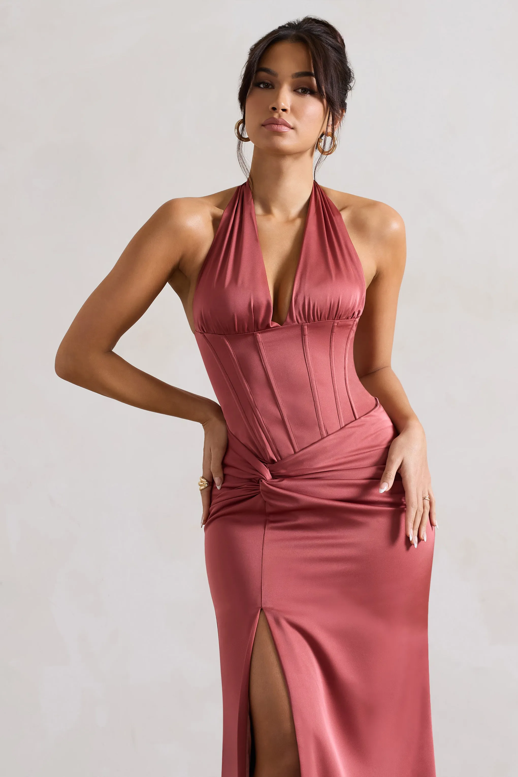 Sacha | Rose Pink Satin Corset Style Maxi Dress With Wrap Skirt sold by Club L London product image thumbnail 3