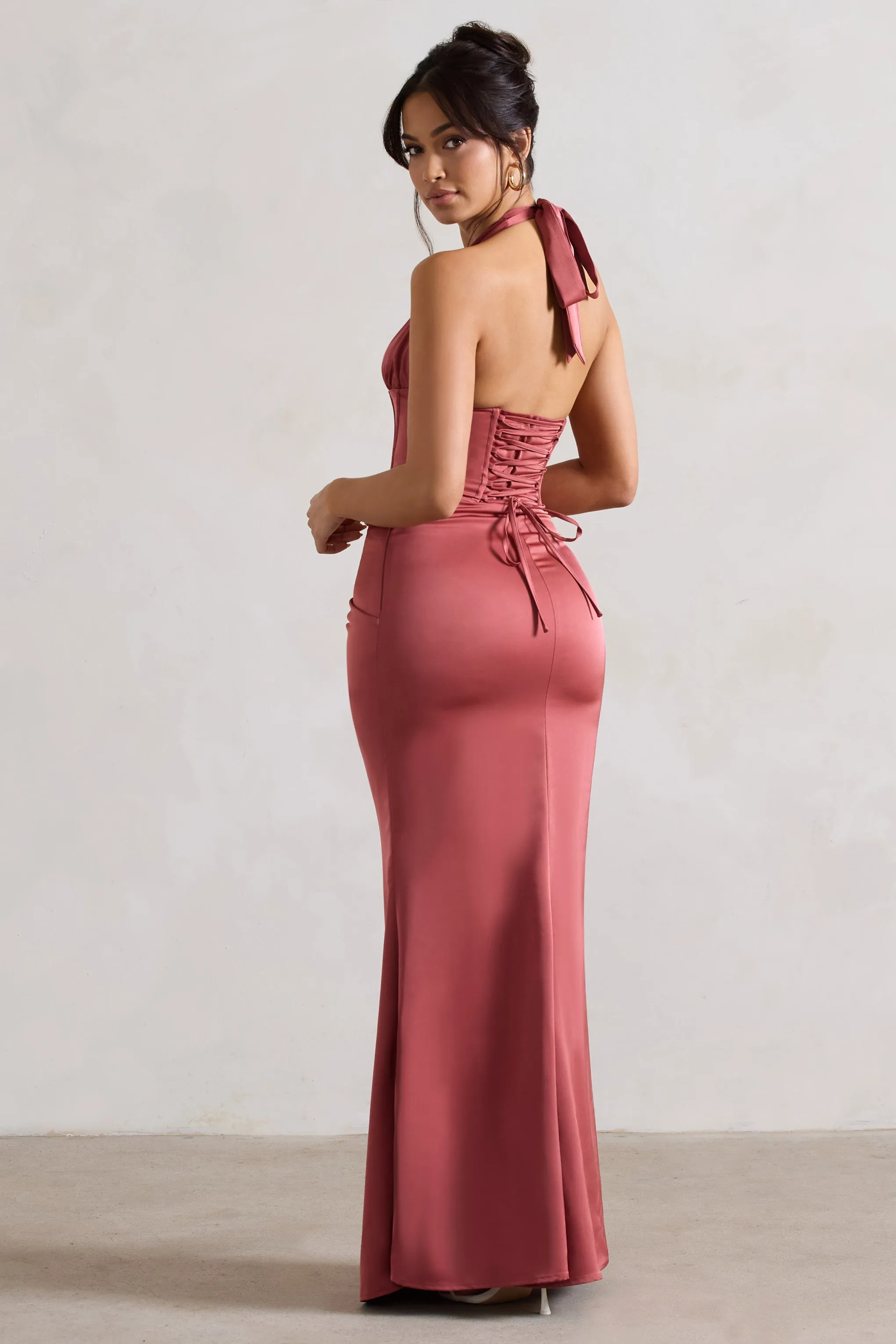 Sacha | Rose Pink Satin Corset Style Maxi Dress With Wrap Skirt sold by Club L London product image thumbnail 2
