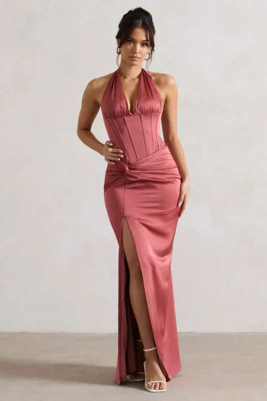 Sacha | Rose Pink Satin Corset Style Maxi Dress With Wrap Skirt sold by Club L London