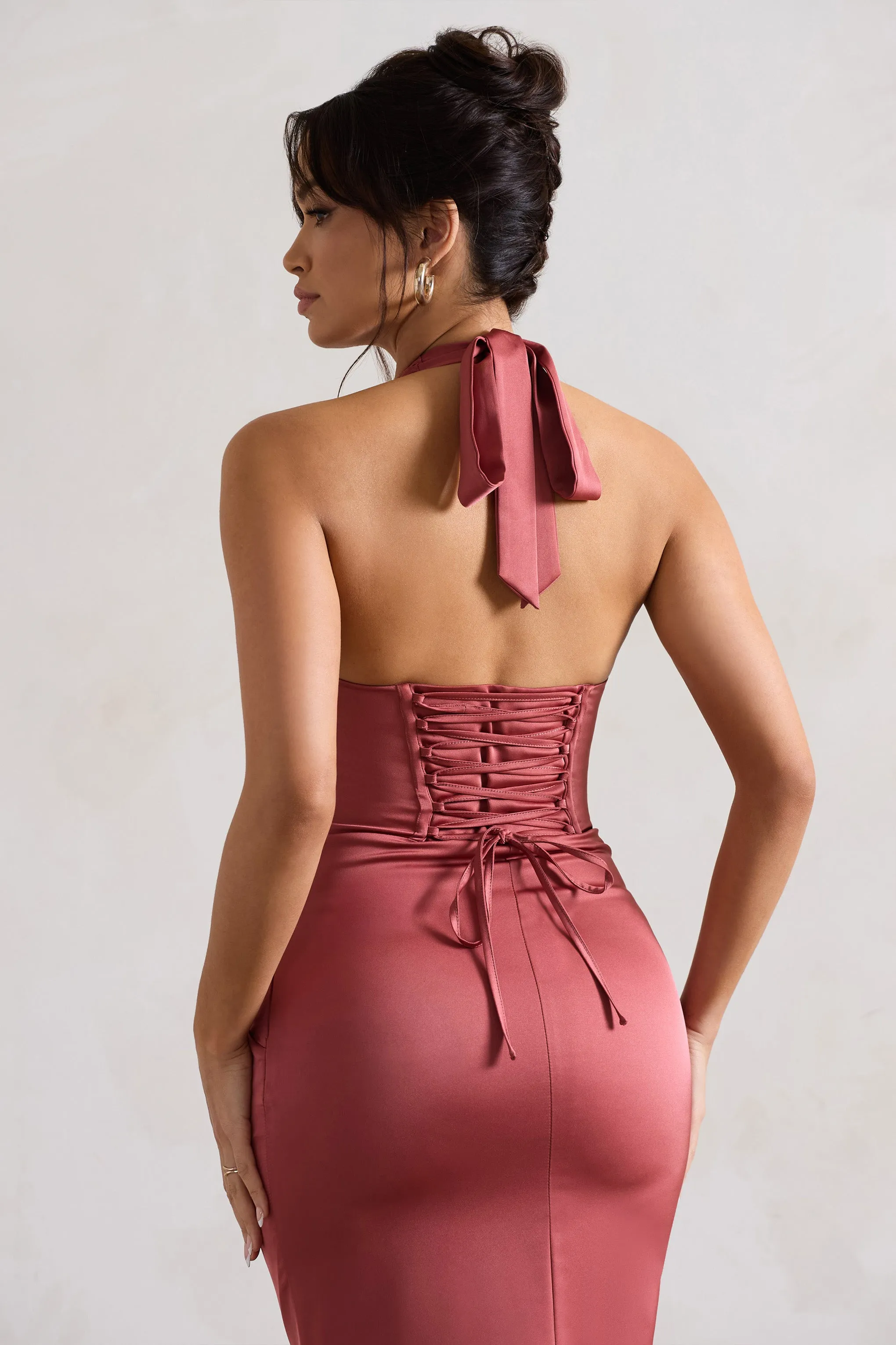 Sacha | Rose Pink Satin Corset Style Maxi Dress With Wrap Skirt sold by Club L London product image thumbnail 4