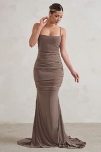 Adele | Mocha Backless Ruched Fishtail Cami Maxi Dress sold by Club L London