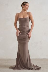 Adele | Mocha Backless Ruched Fishtail Cami Maxi Dress sold by Club L London