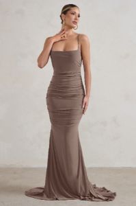 Adele | Mocha Backless Ruched Fishtail Cami Maxi Dress sold by Club L London
