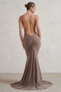 Adele | Mocha Backless Ruched Fishtail Cami Maxi Dress sold by Club L London