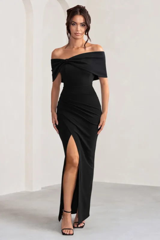 Eva | Black Bardot Bow Detail Maxi Dress With Thigh Split sold by Club L London