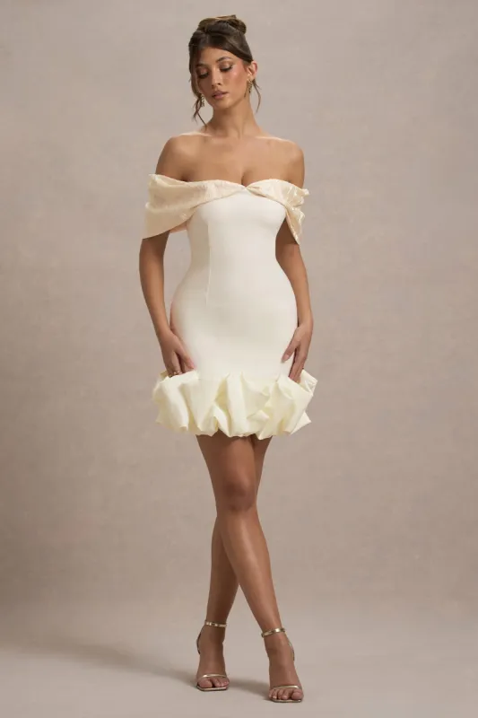 Alegre | Ecru Jacquard Bardot Mini Dress With Ruffle Hem sold by Club L London
