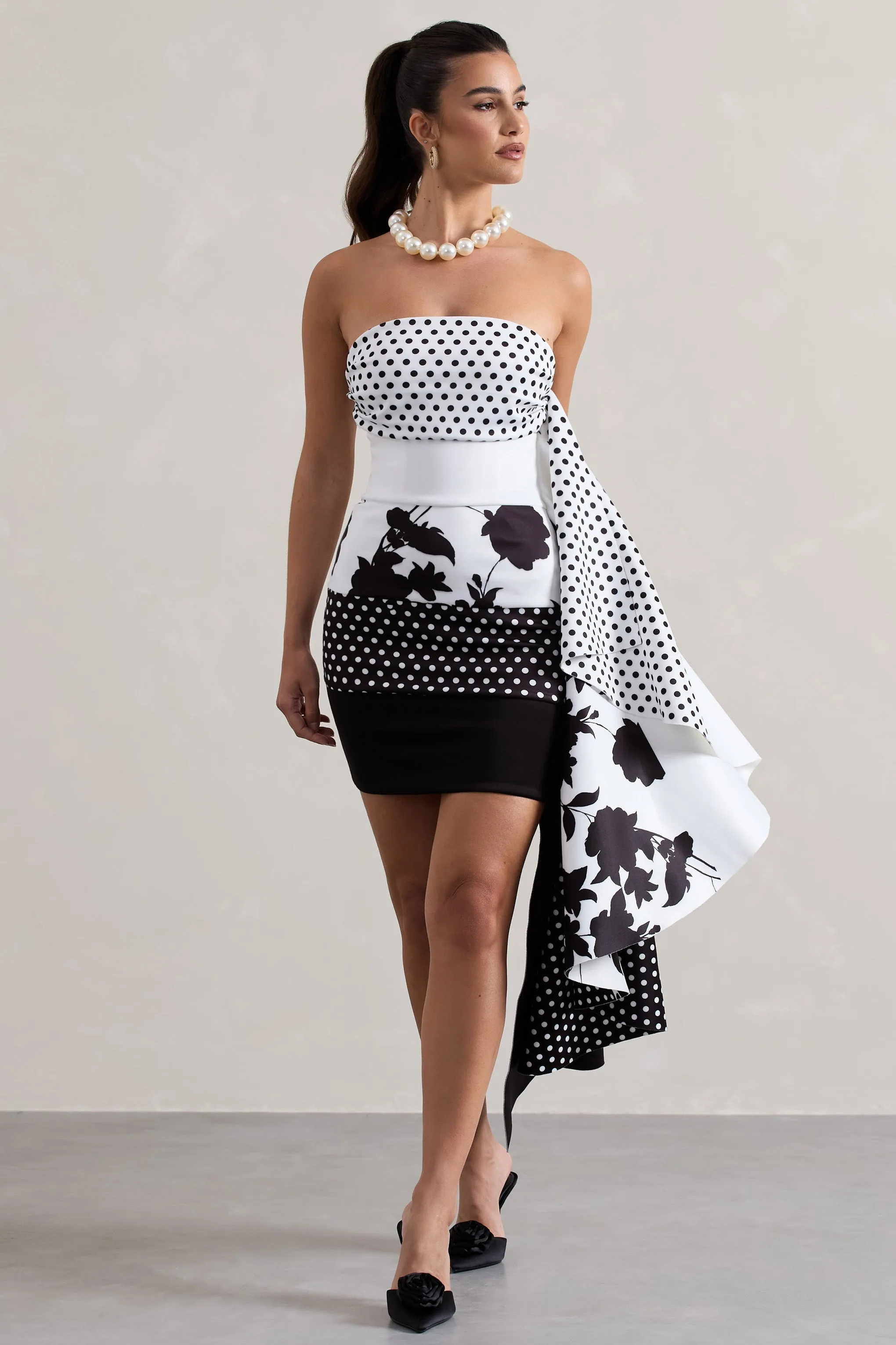 Variety | Multi Print Bandeau Mini Dress With Ruffled Side Drape sold by Club L London