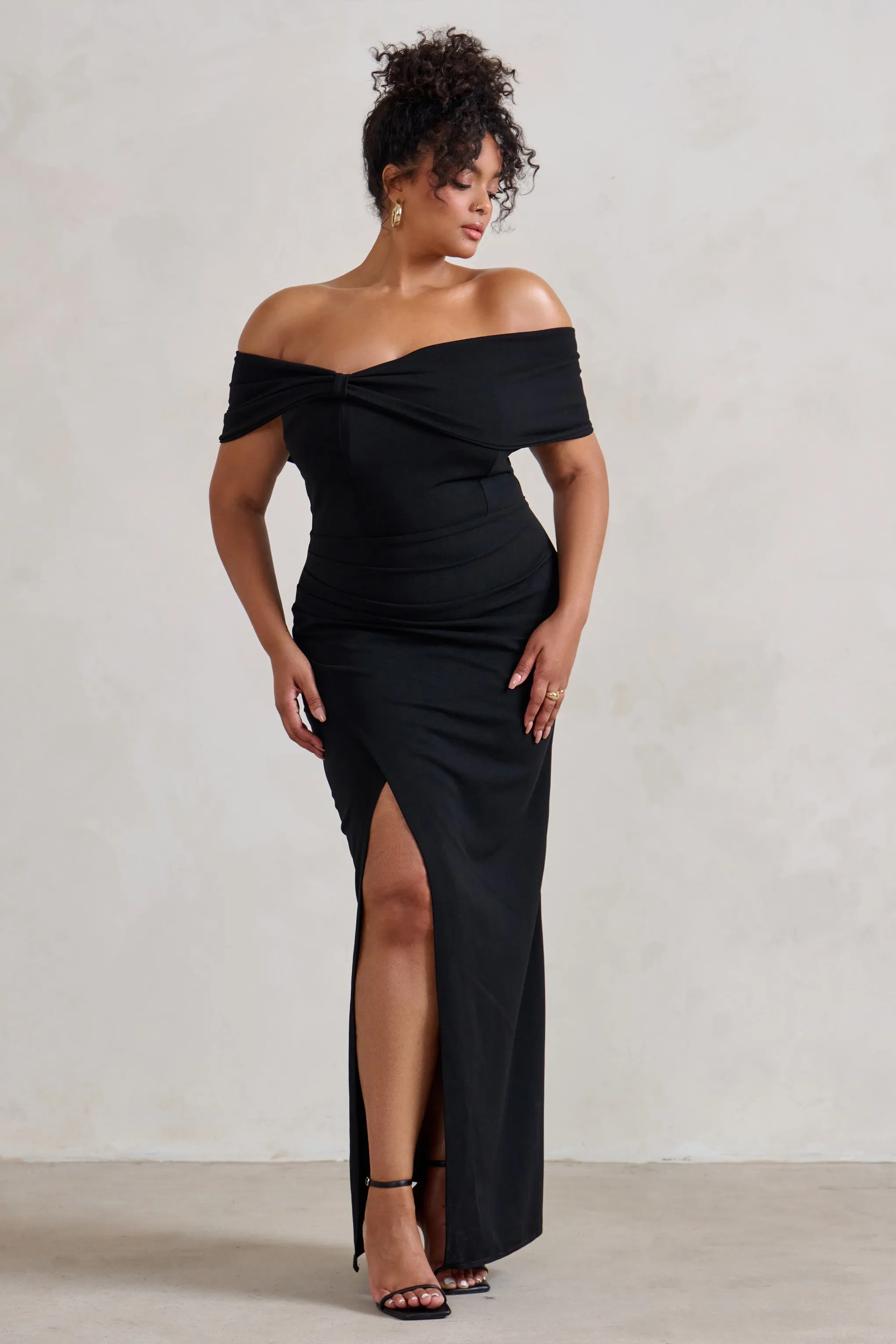 bardot ruched bum twisted detail maxi dress in black Black Bardot Bodycon Maxi Dress Black / 0