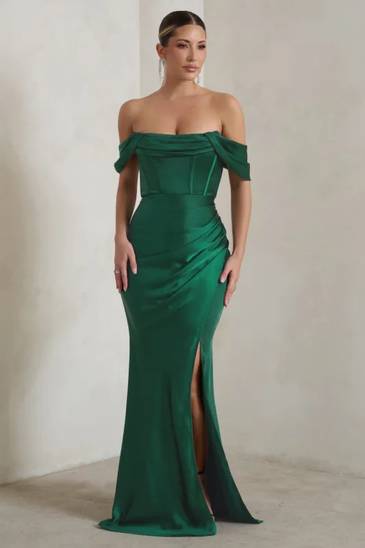 Kimberly | Bottle Green Bardot Fishtail Satin Maxi Dress sold by Club L London