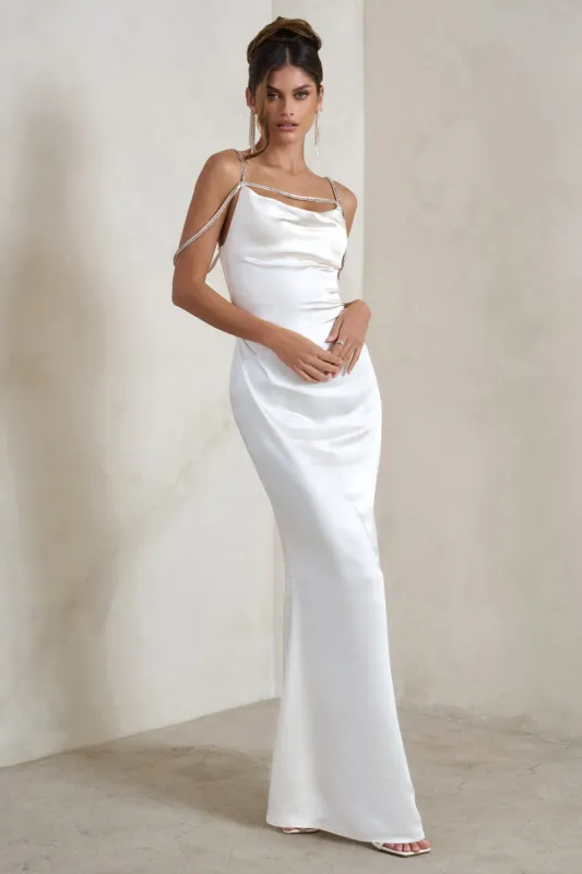 Zelda | Cream Cowl Satin Cami Maxi Dress sold by Club L London