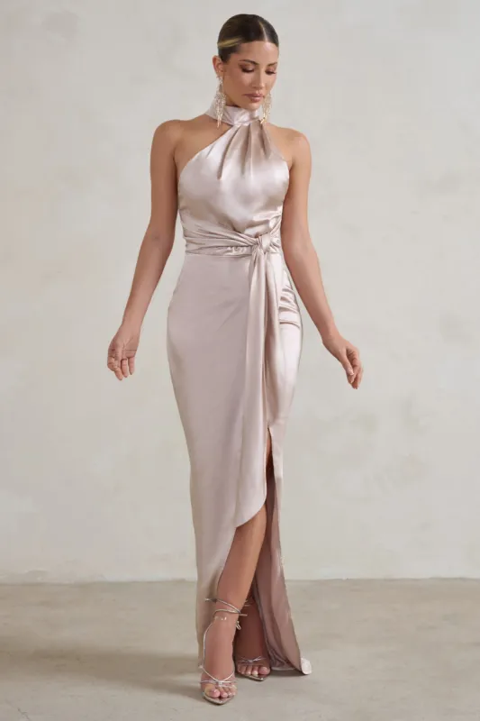Tattianna | Champagne Asymmetric Tie Detail High Neck Satin Maxi Dress sold by Club L London
