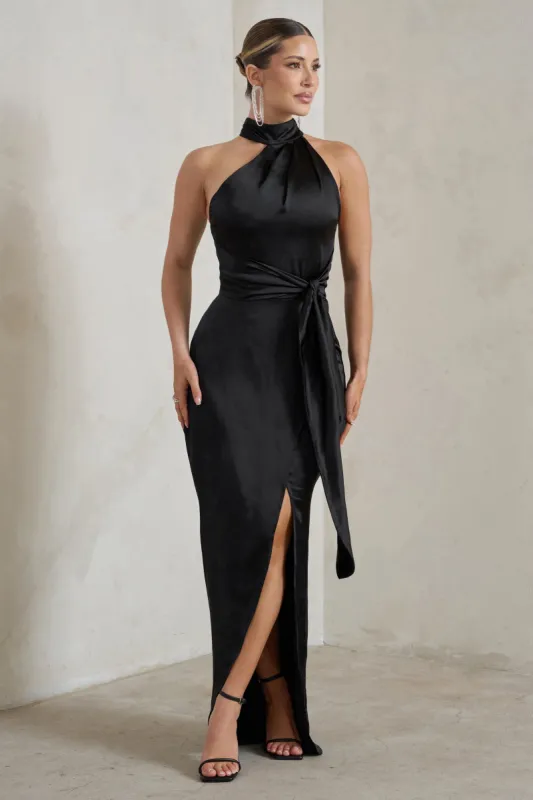 Tattianna | Black Asymmetric Tie Detail High Neck Satin Maxi Dress sold by Club L London