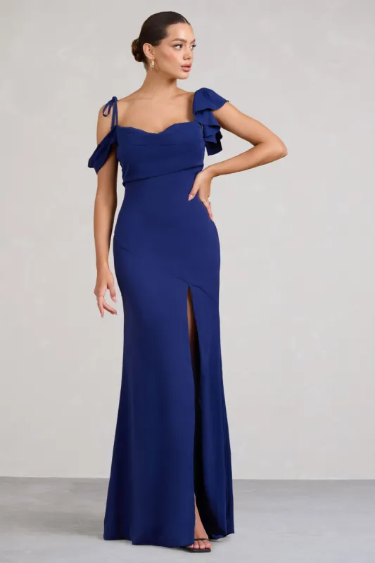 Merlot | Navy Asymmetric Draped Split Maxi Dress sold by Club L London