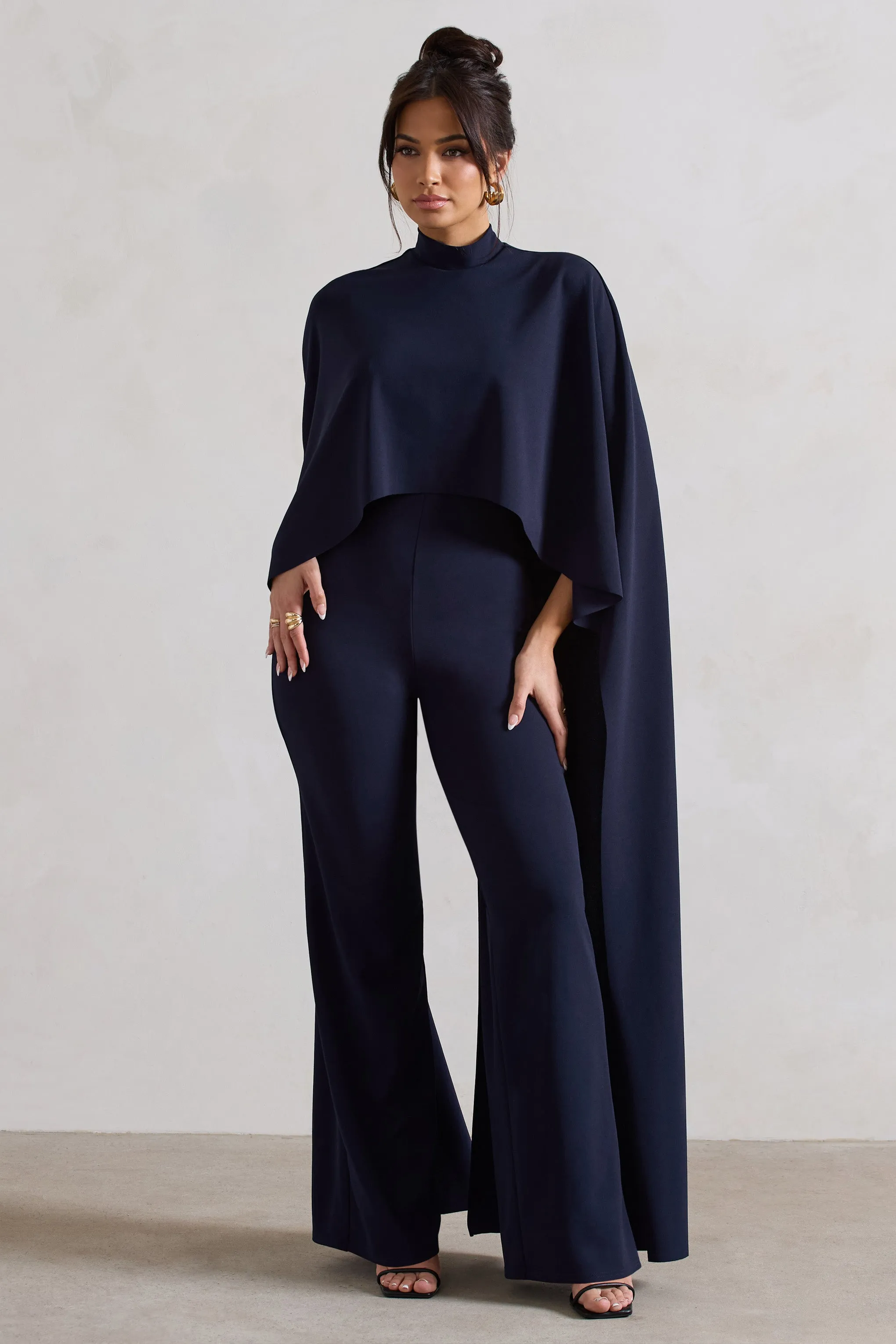 Indra | Navy High-Neck Wide-Leg Cape Jumpsuit sold by Club L London