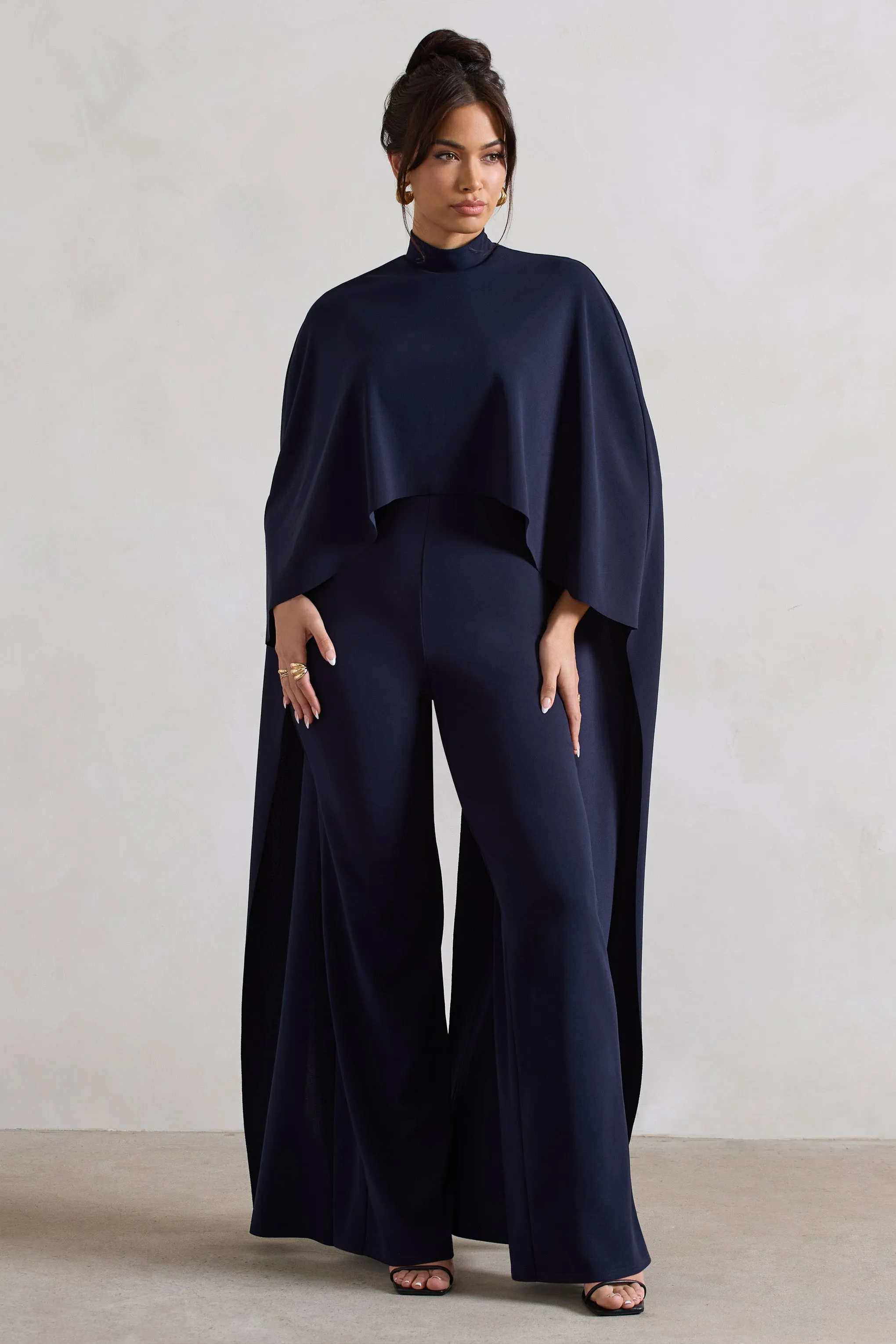 Indra | Navy High-Neck Wide-Leg Cape Jumpsuit sold by Club L London product image thumbnail 4