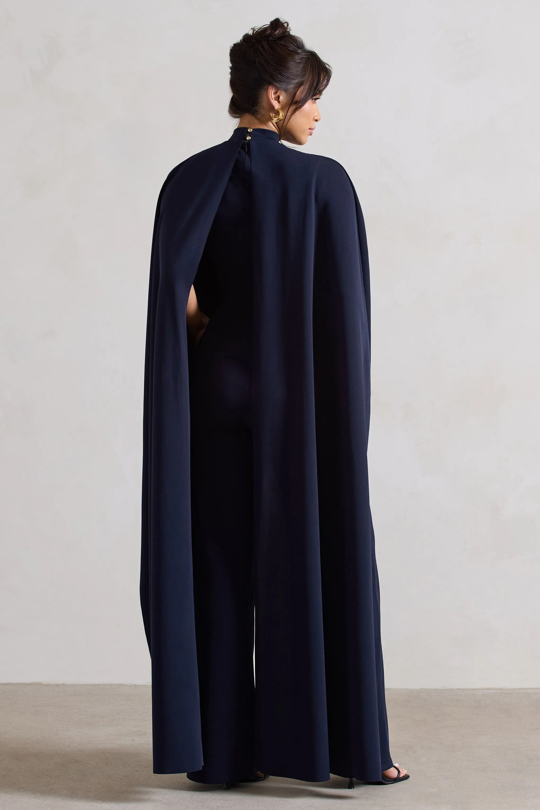 Indra | Navy High-Neck Wide-Leg Cape Jumpsuit sold by Club L London product image thumbnail 2
