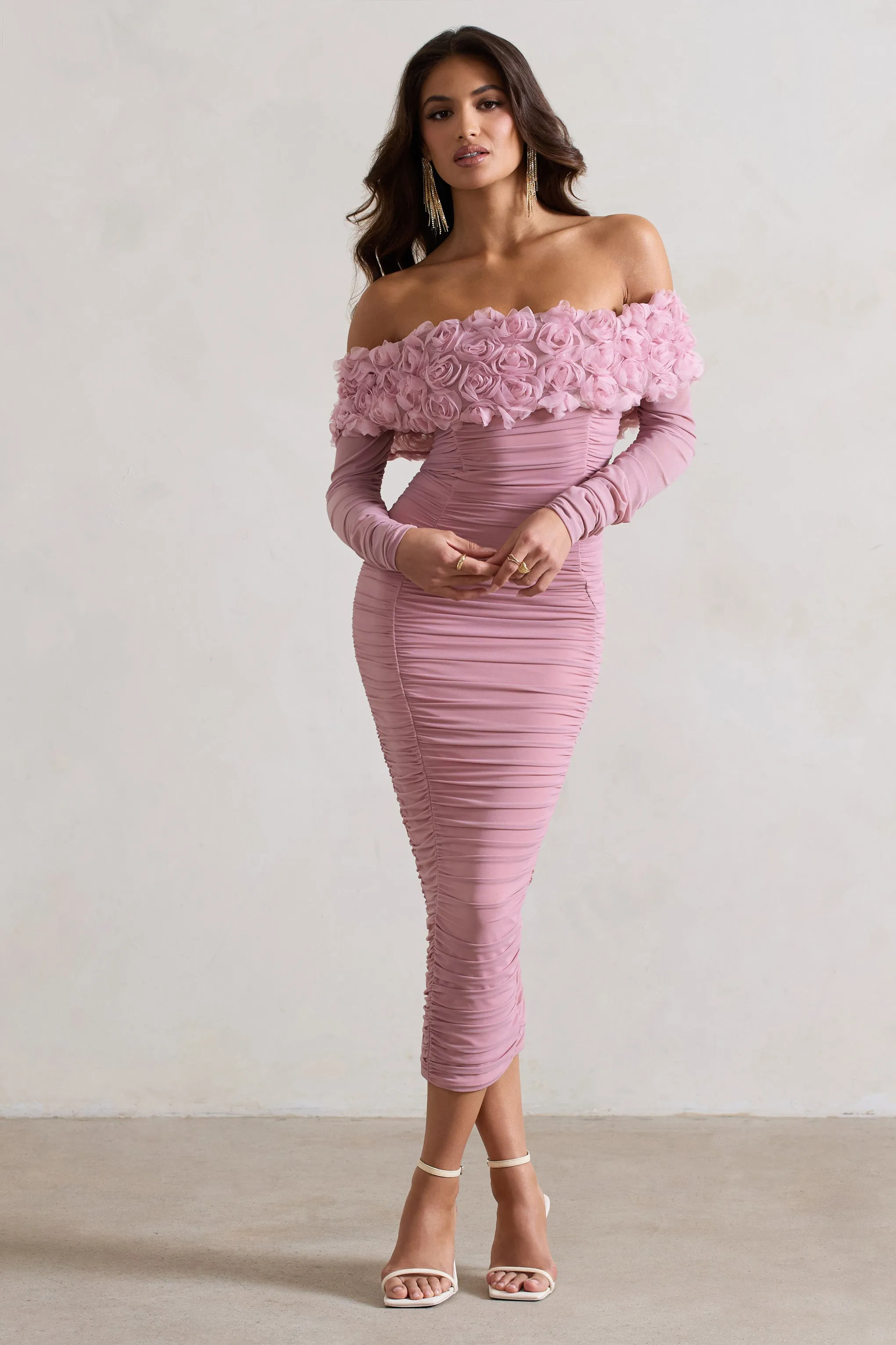 Sierra | Pink Mesh Ruched Floral Bardot Lace-Up Midi Dress sold by Club L London
