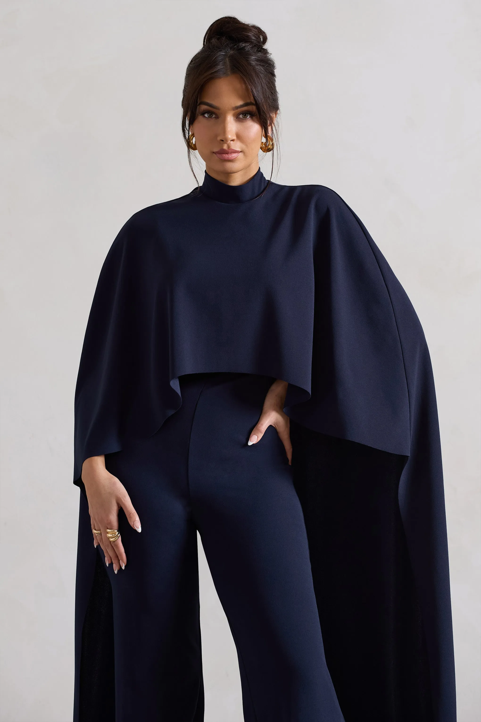 Indra | Navy High-Neck Wide-Leg Cape Jumpsuit sold by Club L London product image thumbnail 3