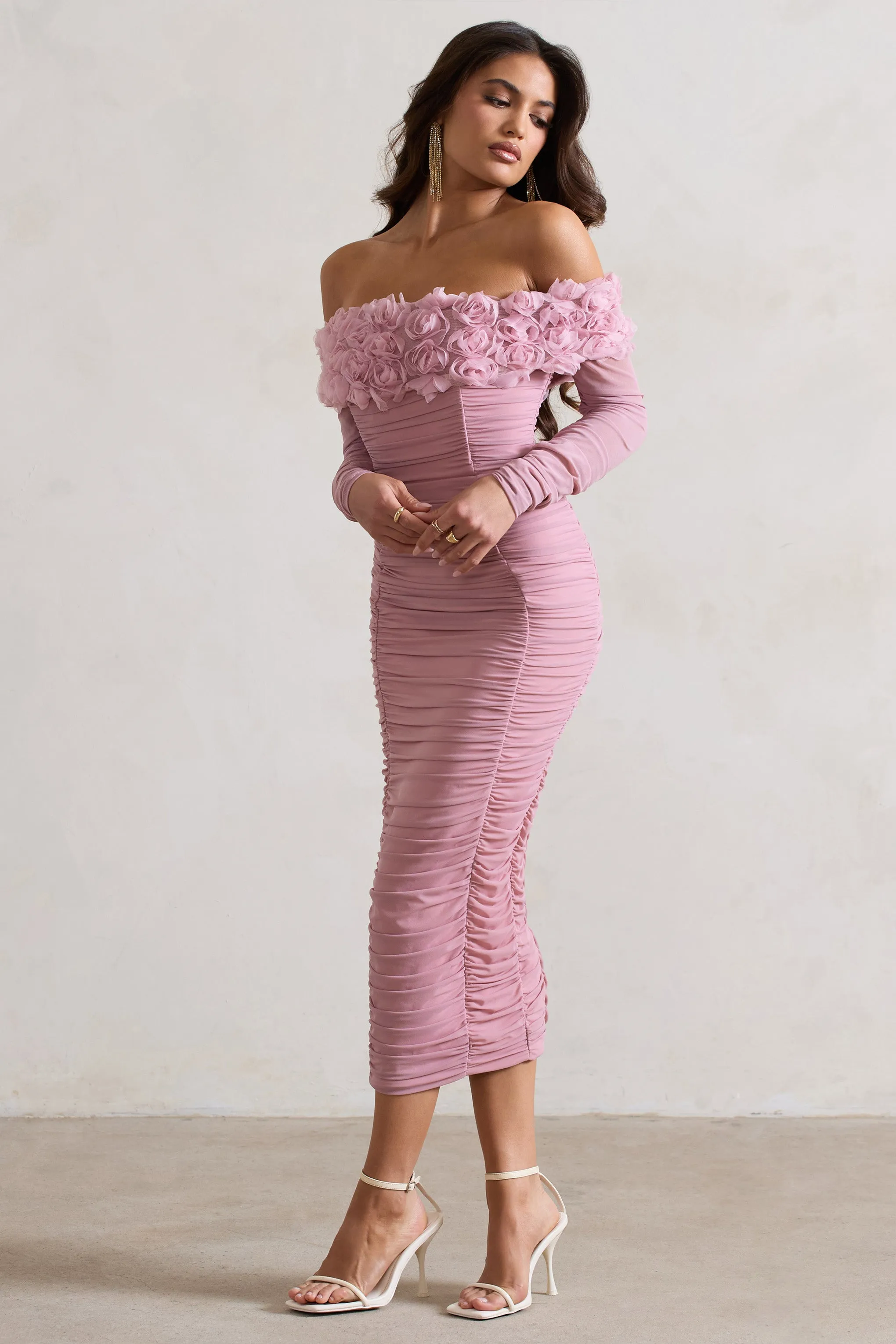 Sierra | Pink Mesh Ruched Floral Bardot Lace-Up Midi Dress sold by Club L London product image thumbnail 5