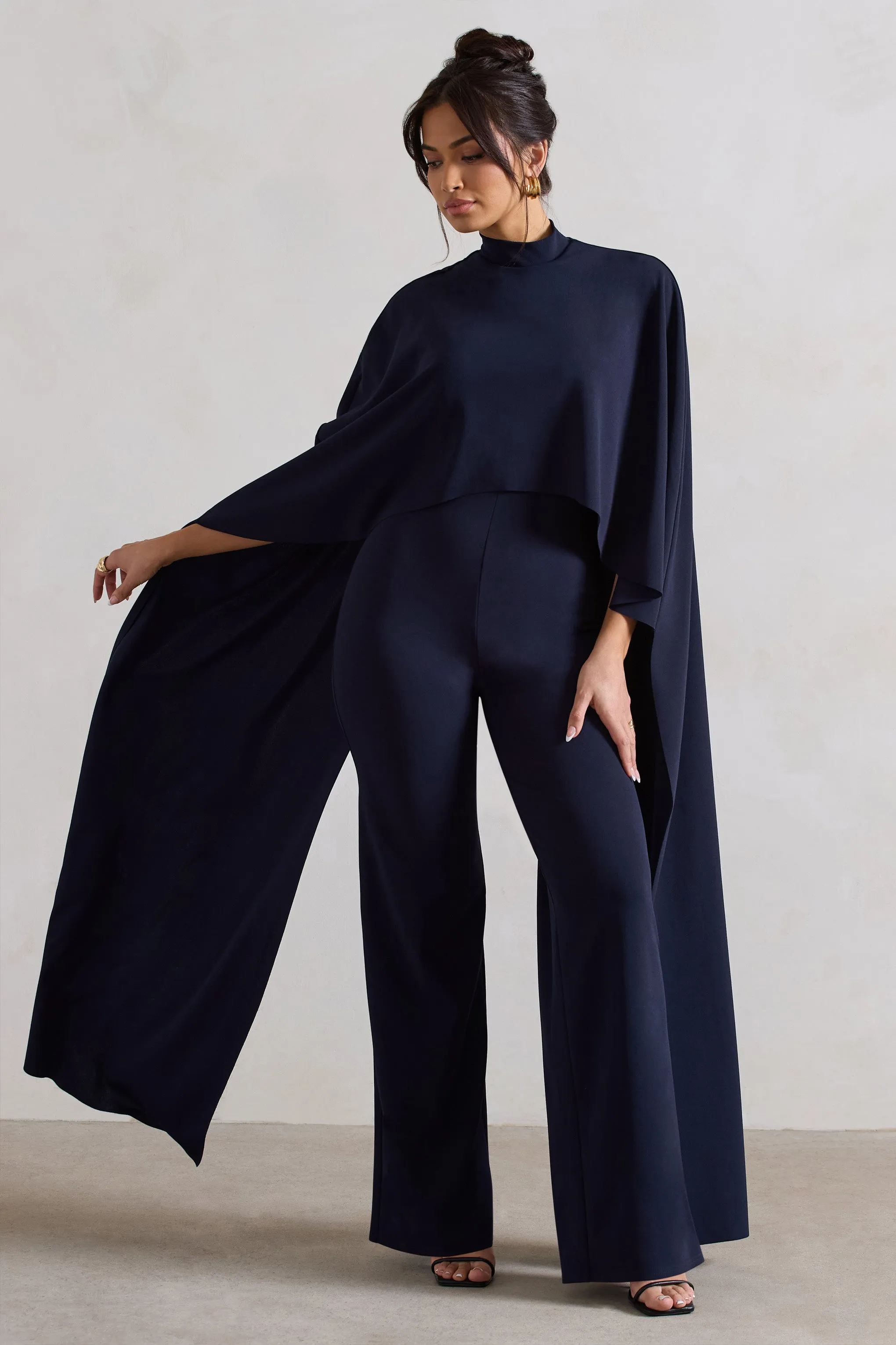 Indra | Navy High-Neck Wide-Leg Cape Jumpsuit sold by Club L London product image thumbnail 5