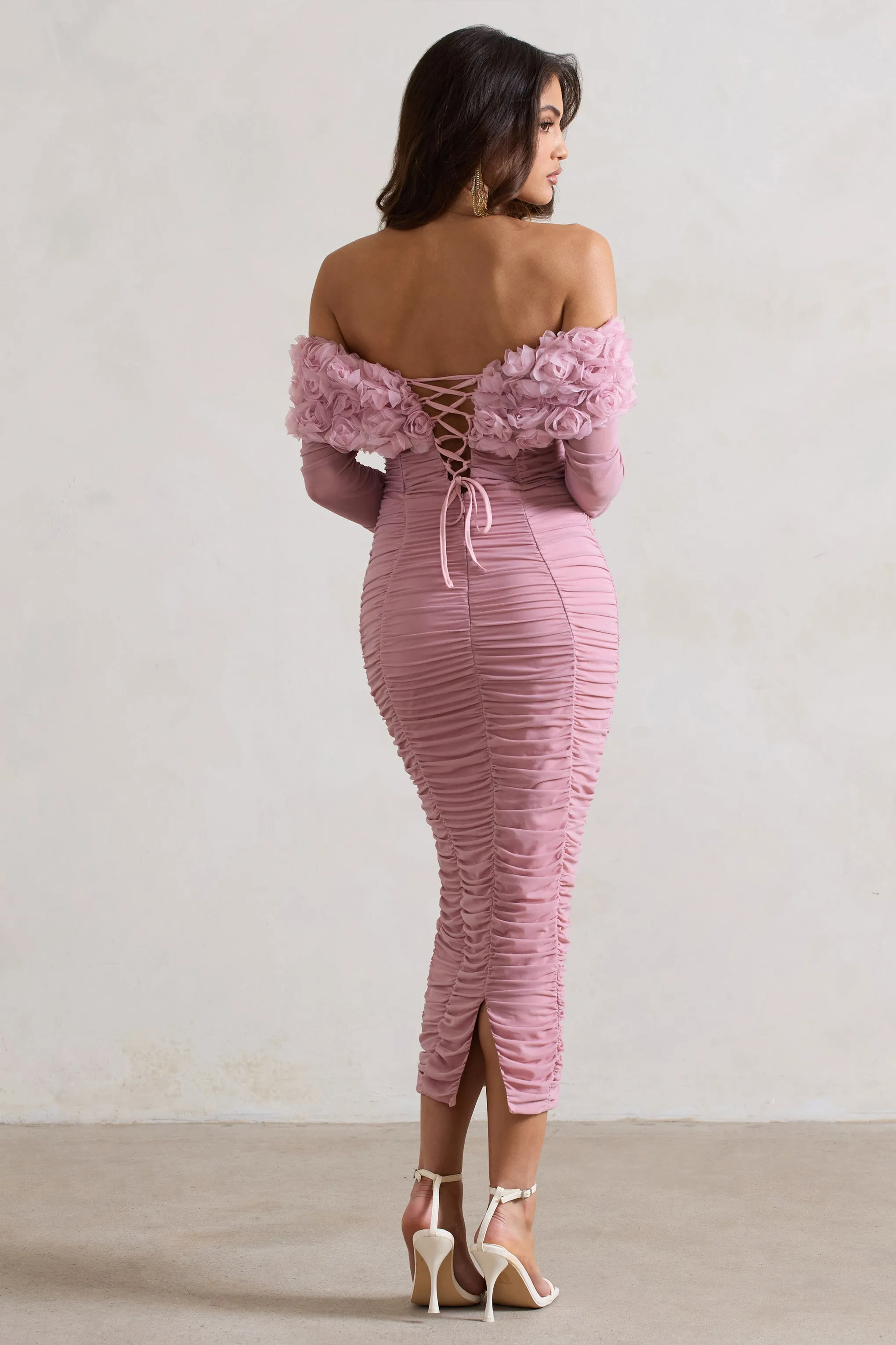 Sierra | Pink Mesh Ruched Floral Bardot Lace-Up Midi Dress sold by Club L London product image thumbnail 2