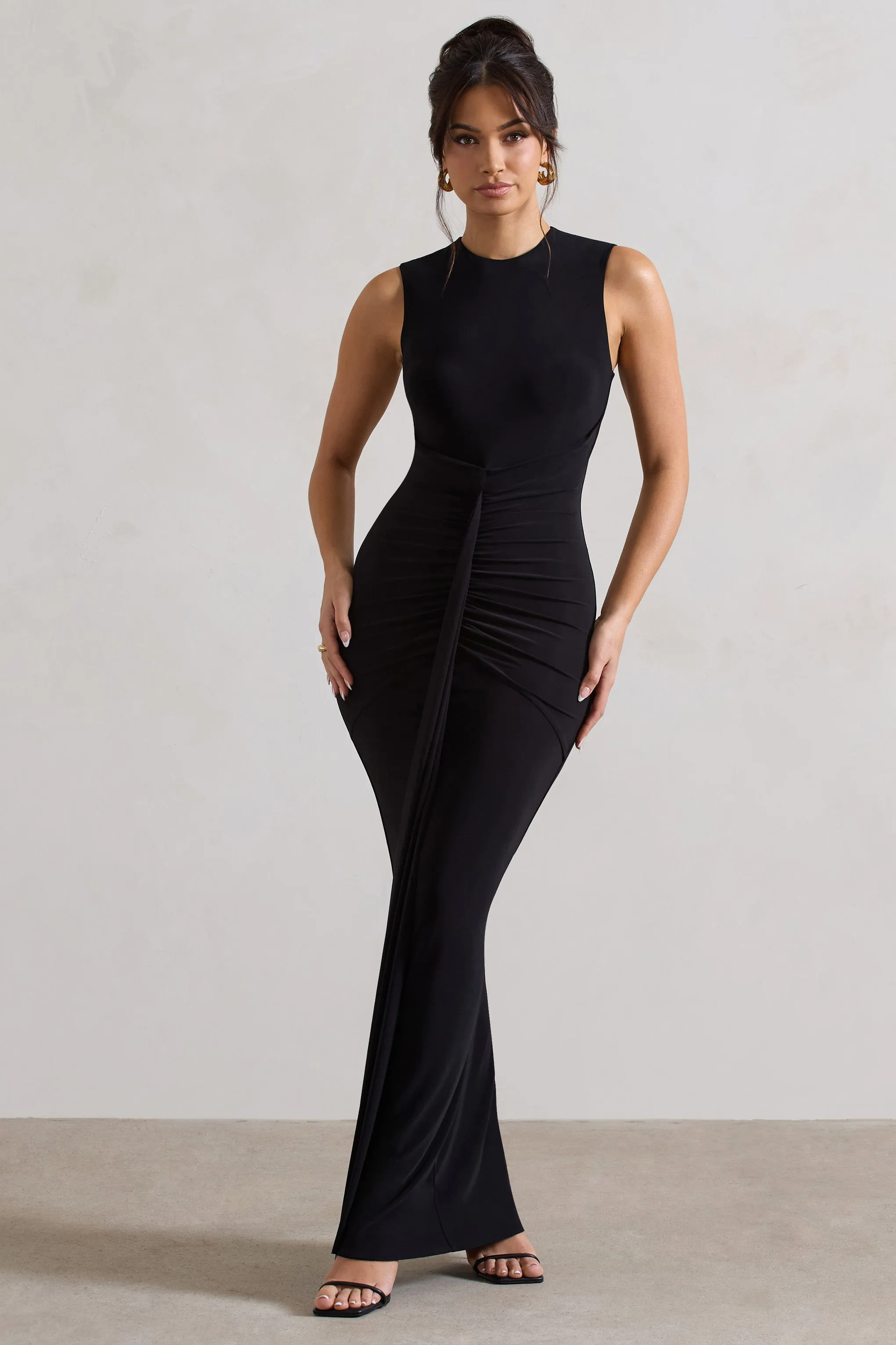 Alexa | Black High-Neck Gathered Maxi Dress With Drape sold by Club L London
