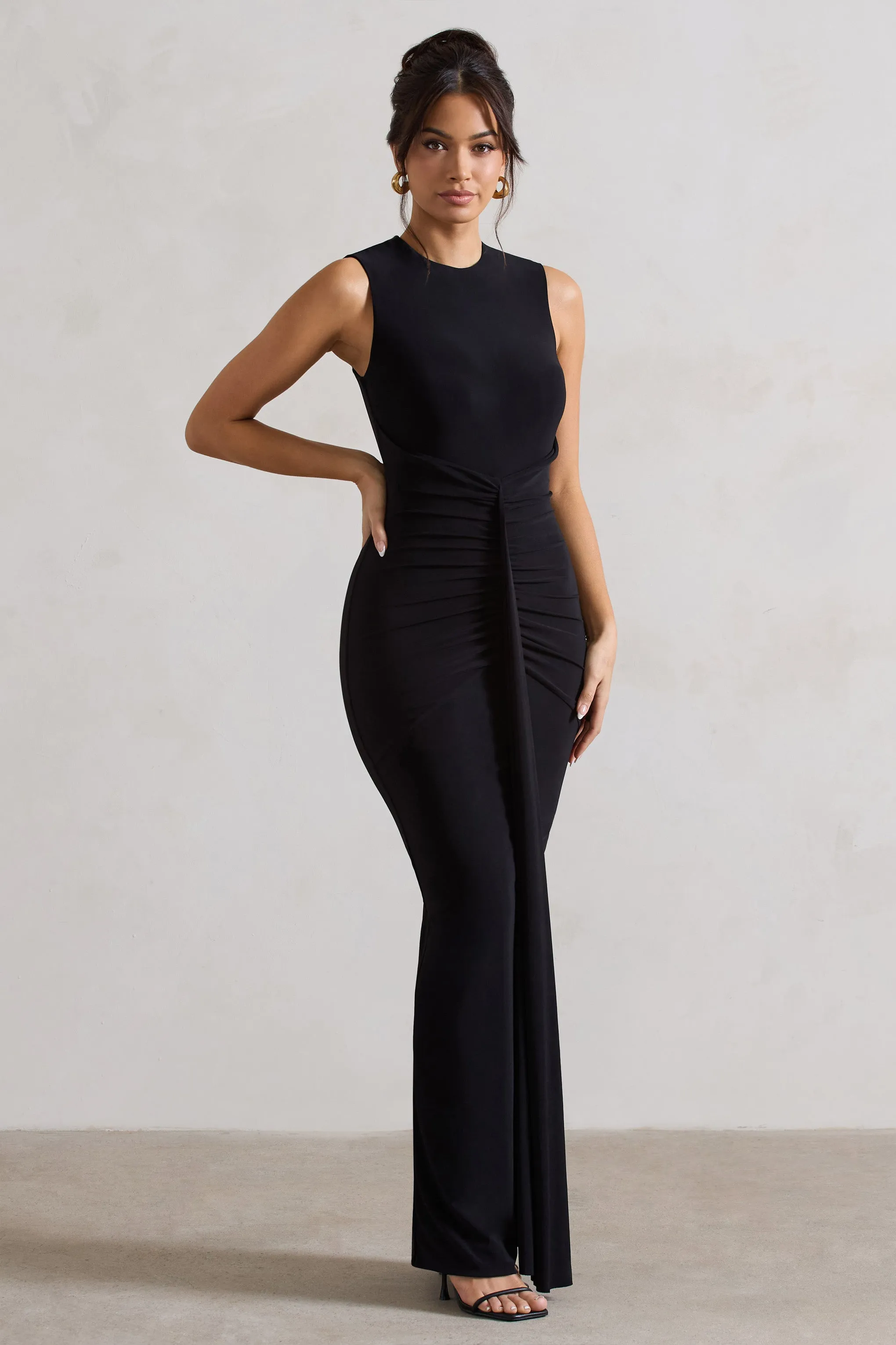 Alexa | Black High-Neck Gathered Maxi Dress With Drape sold by Club L London product image thumbnail 4