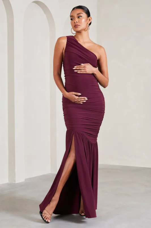 Make My Day | Burgundy One-Shoulder Ruched Split Maternity Maxi Dress sold by Club L London