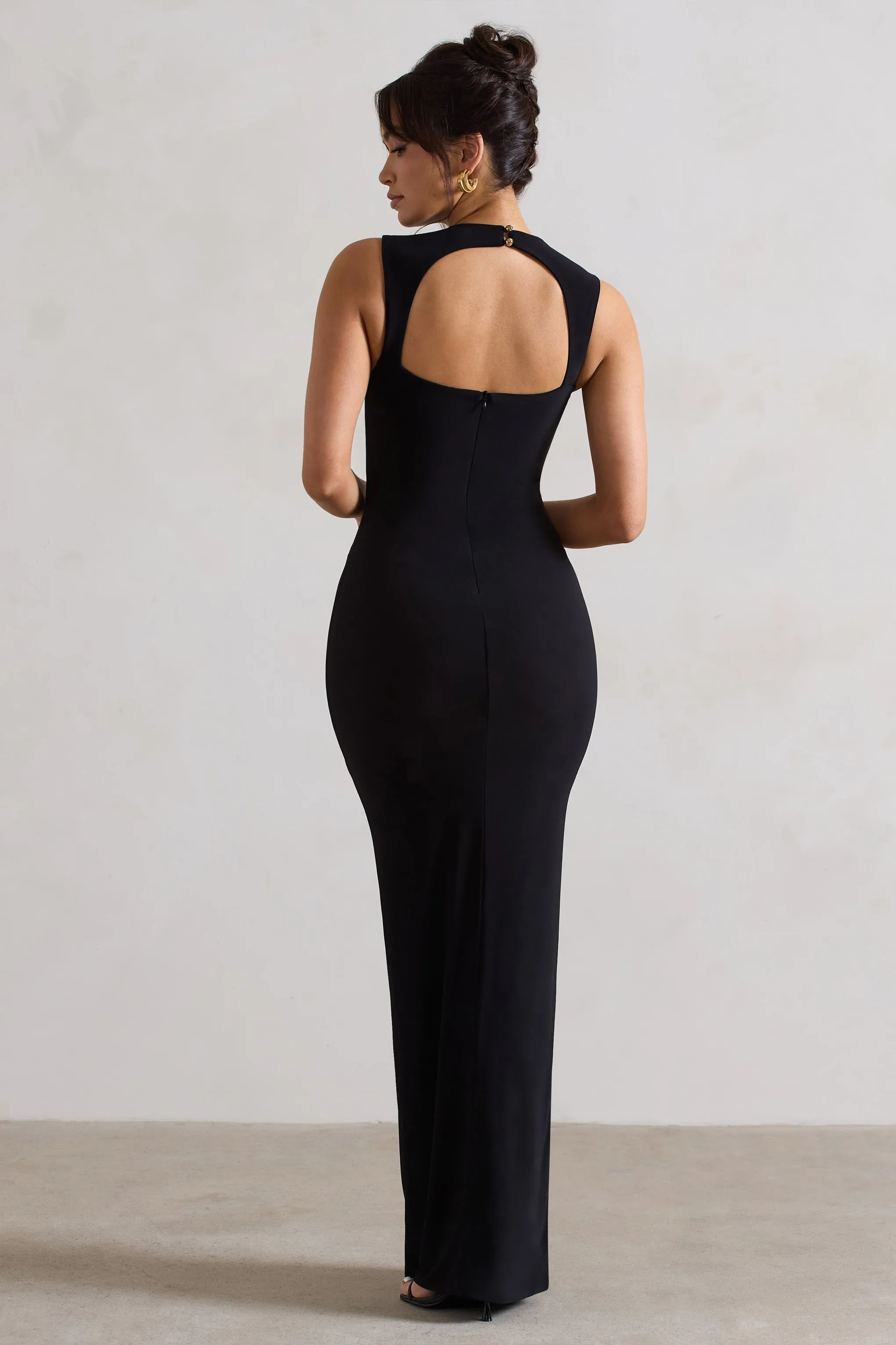 Alexa | Black High-Neck Gathered Maxi Dress With Drape sold by Club L London product image thumbnail 2