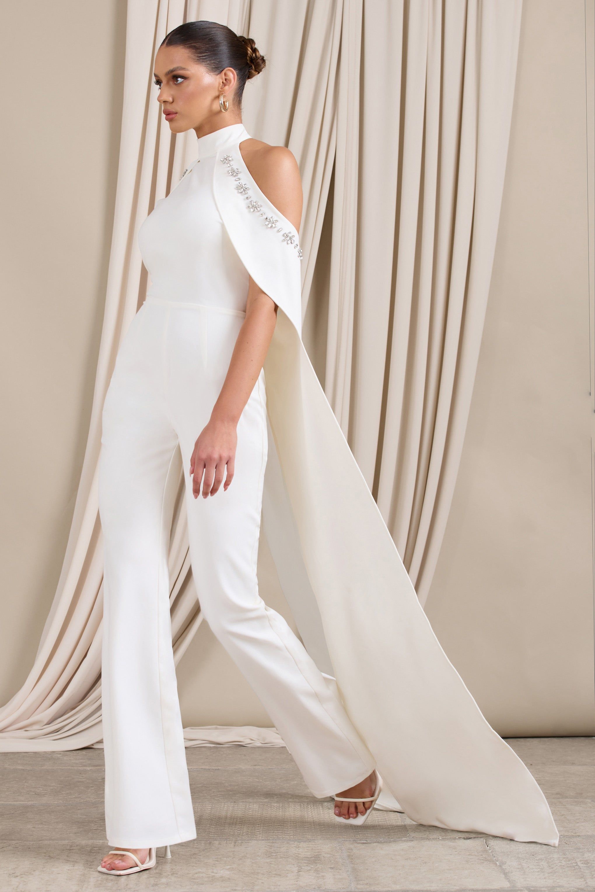 Angel | White High Neck Jumpsuit with Cold Shoulder Cape Sleeves sold by Club L London product image thumbnail 4