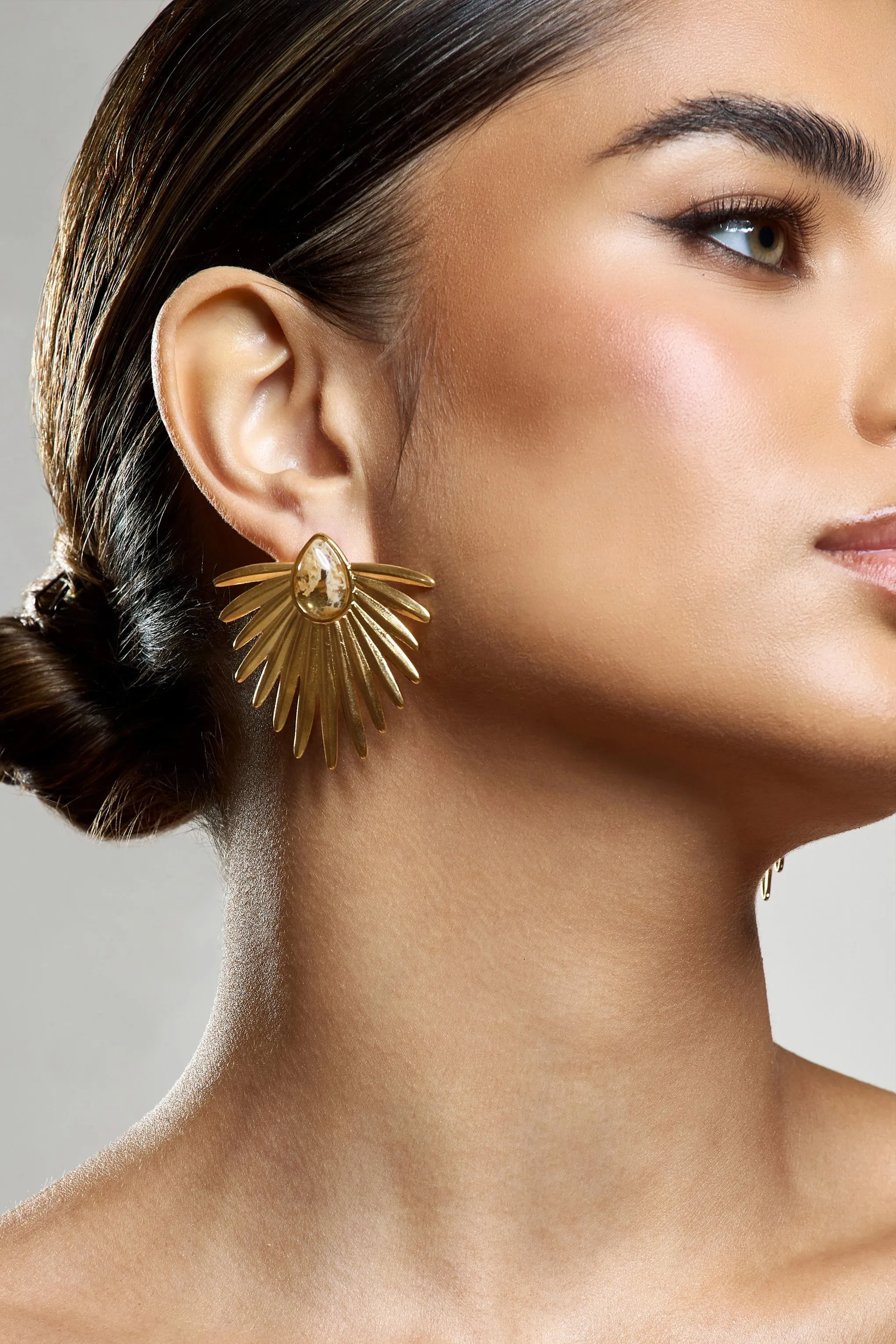 Emira | Gold Statement Earrings With Pendant sold by Club L London product image thumbnail 4