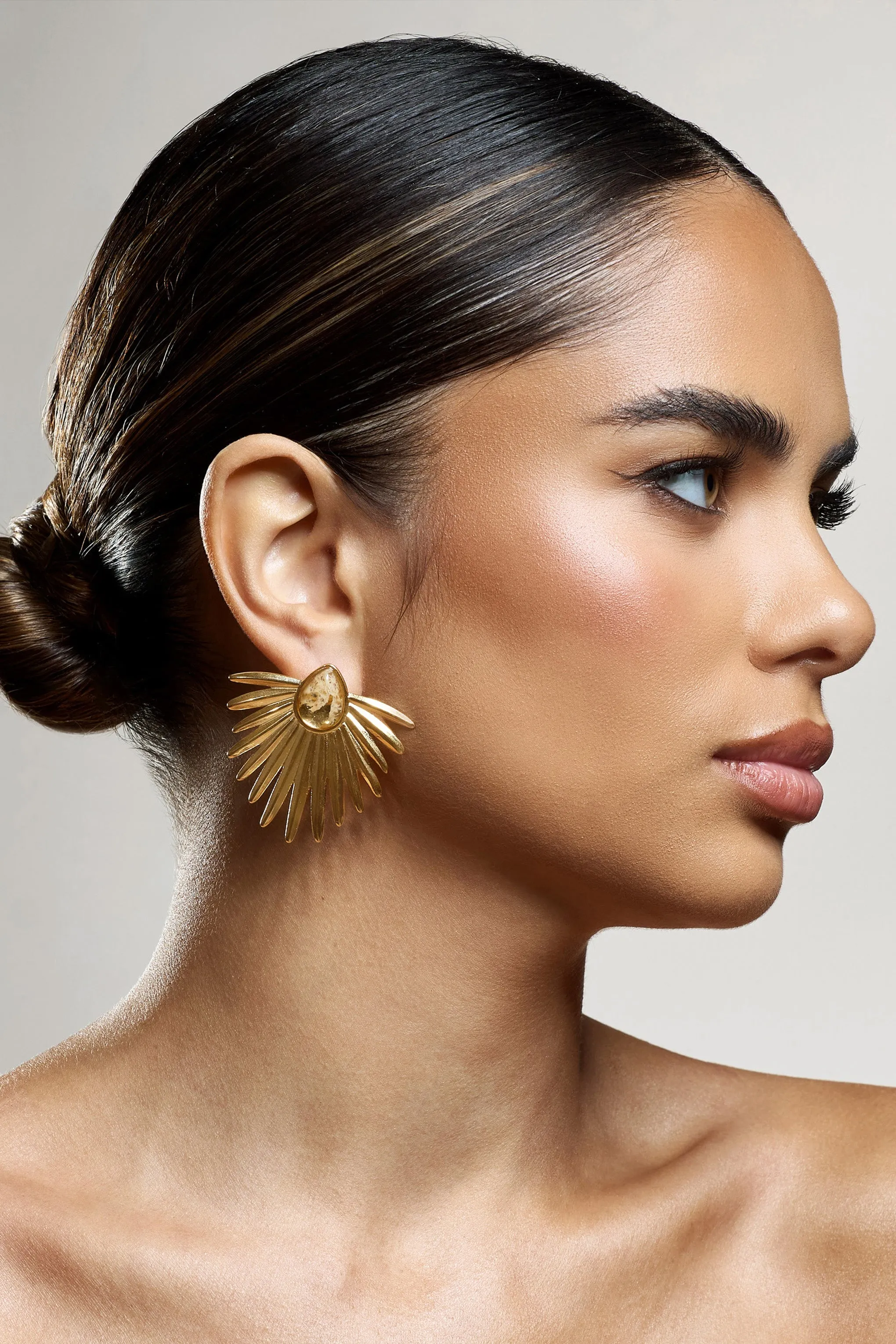 Emira | Gold Statement Earrings With Pendant sold by Club L London product image thumbnail 2