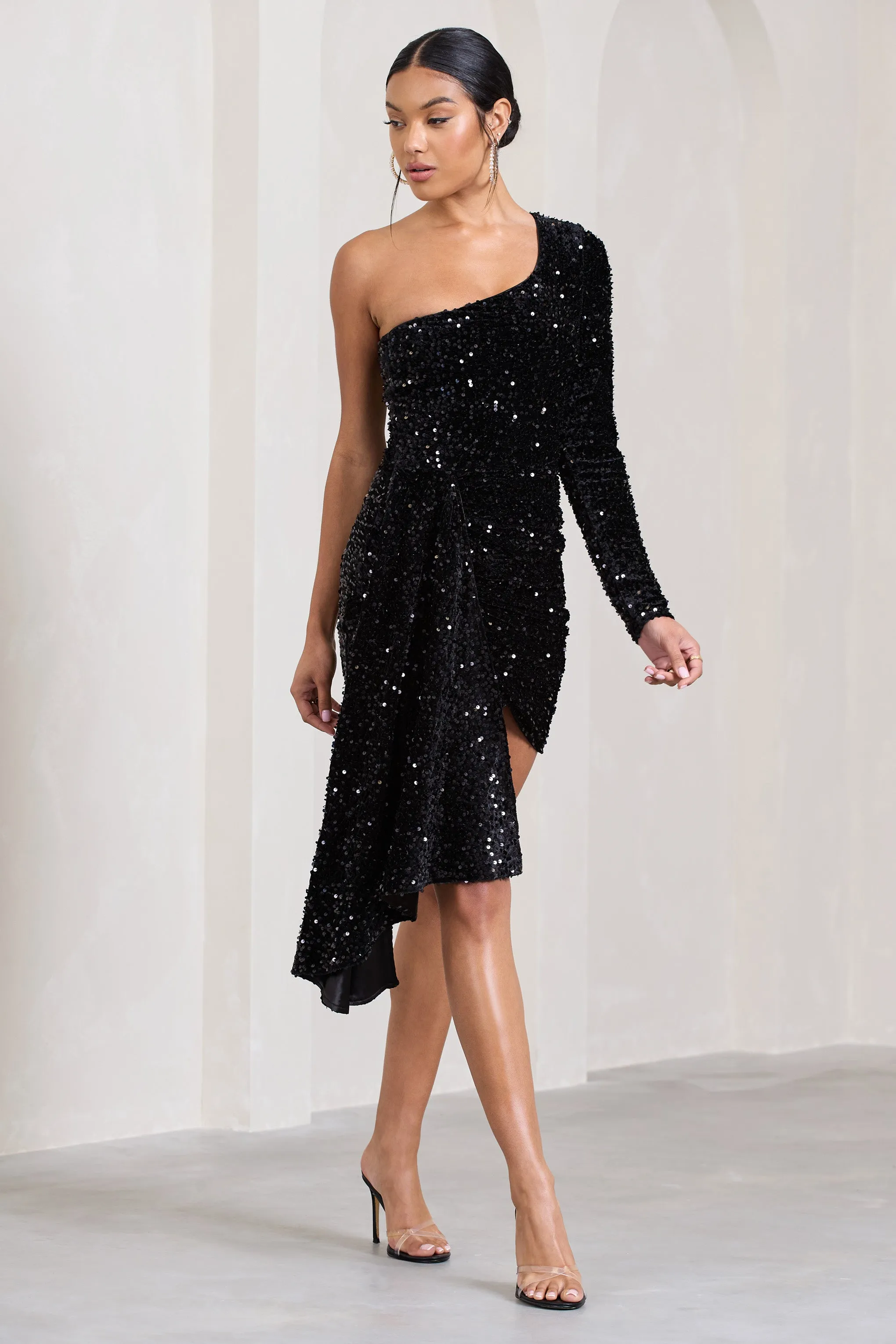 Lorena | Black Sequin Velvet One Shoulder Mini Dress With Drape Detail sold by Club L London product image thumbnail 4