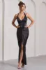 Rebecca | Black Satin Plunge Halter-Neck Open-Back Split Maxi Dress sold by Club L London