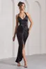 Rebecca | Black Satin Plunge Halter-Neck Open-Back Split Maxi Dress sold by Club L London