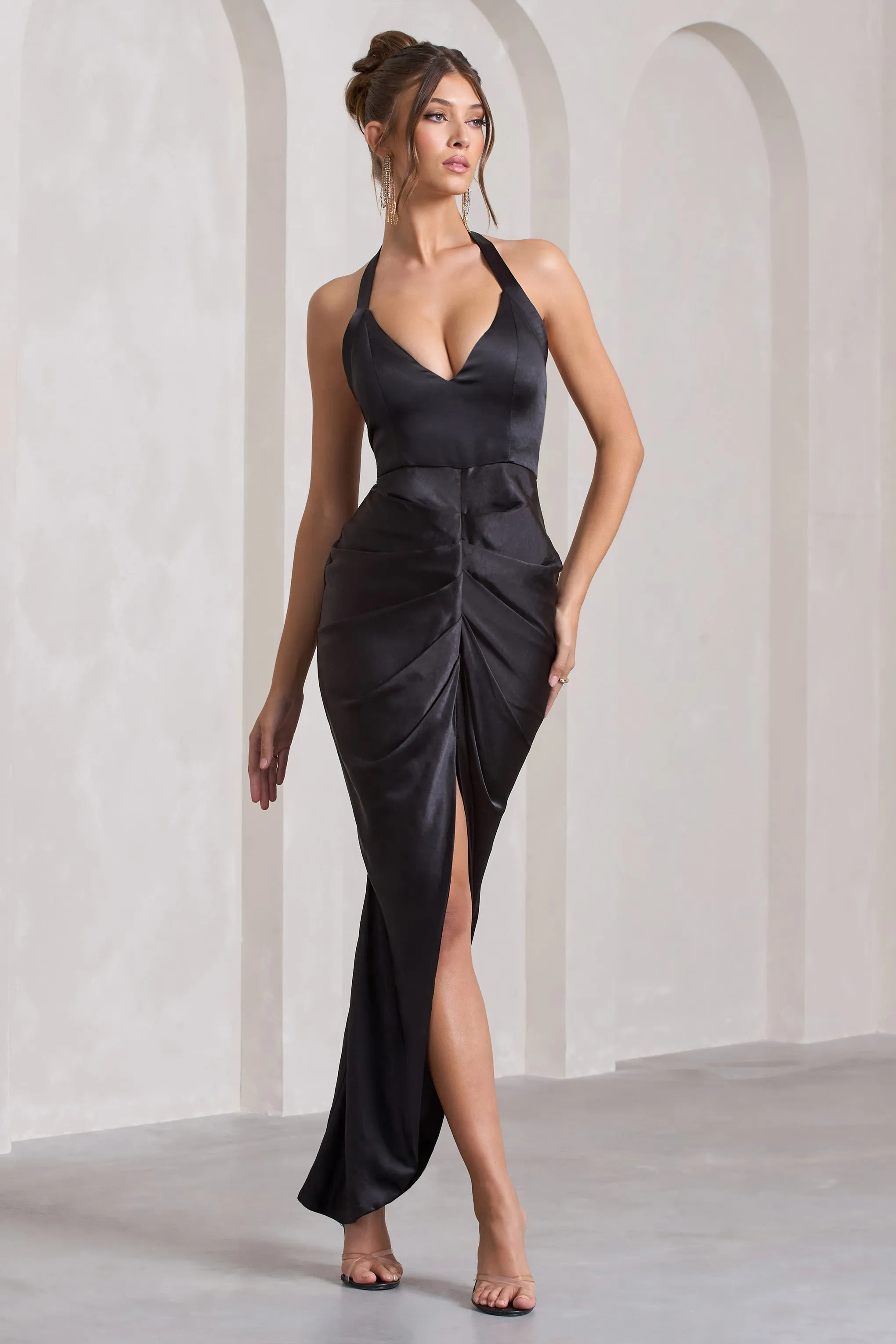 Rebecca | Black Satin Plunge Halter-Neck Open-Back Split Maxi Dress sold by Club L London