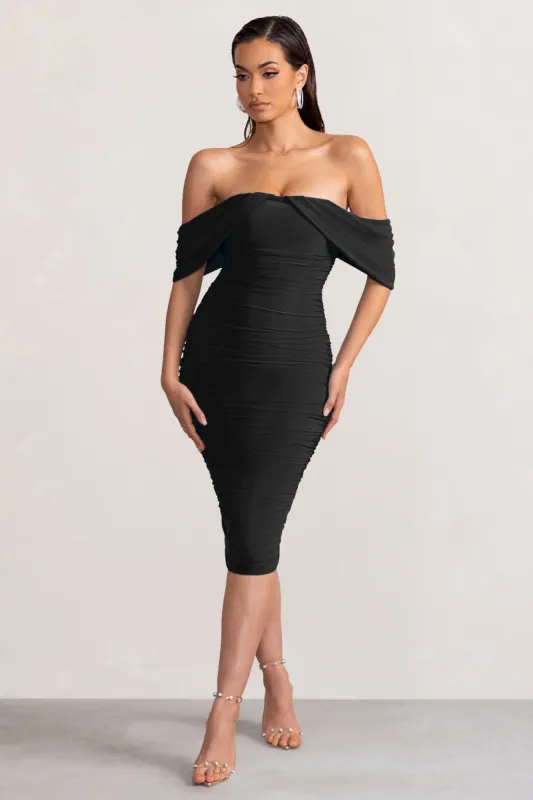 Love Me | Black Off The Shoulders Ruched Midi Dress made by Club L London