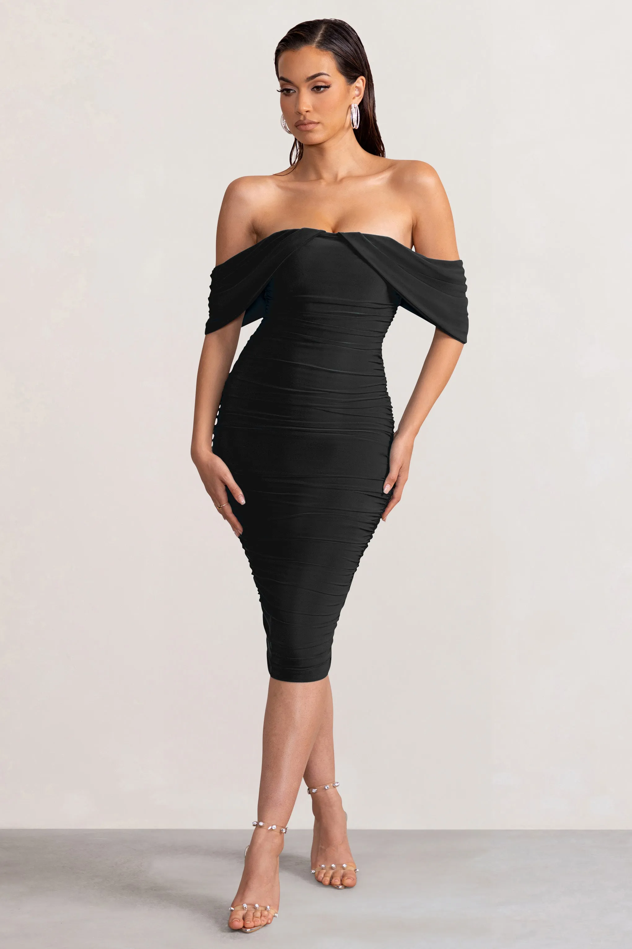 Love Me | Black Off The Shoulders Ruched Midi Dress sold by Club L London